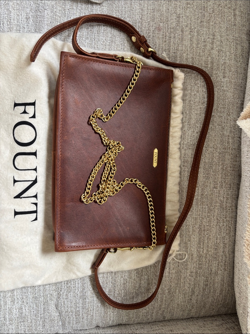 Fount Brown Leather Crossbody with Gold Chain Accent